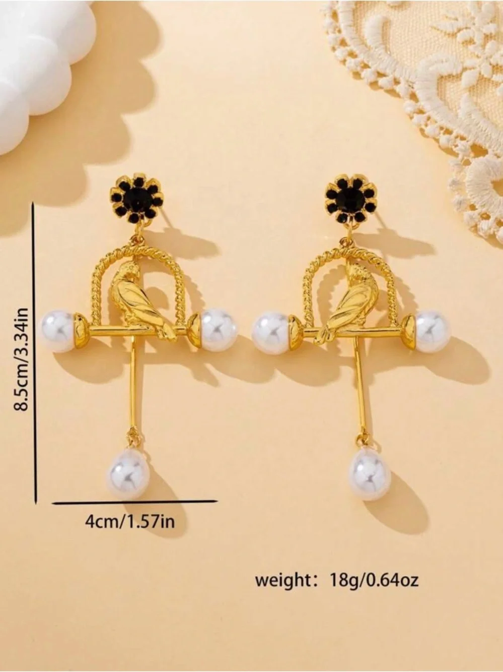 Gold Bird & Pearl Drop Earrings - Black Flower Accent